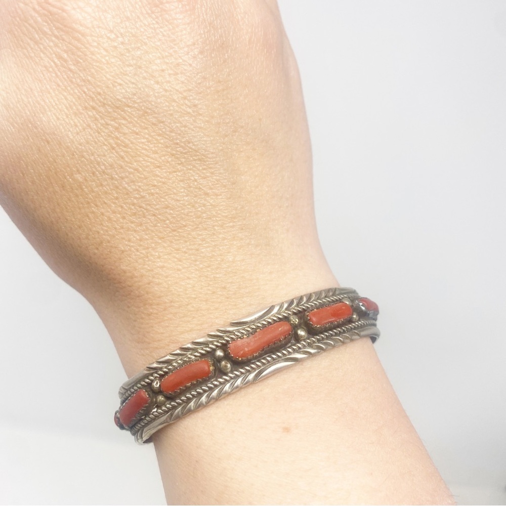 661 Vintage Navajo Silver and Coral Cuff Bracelet Single Row